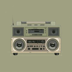 Obraz premium Illustration of a classic beige boombox, rendered with detailed shading and a retro aesthetic on a green background, perfect for nostalgia-themed projects