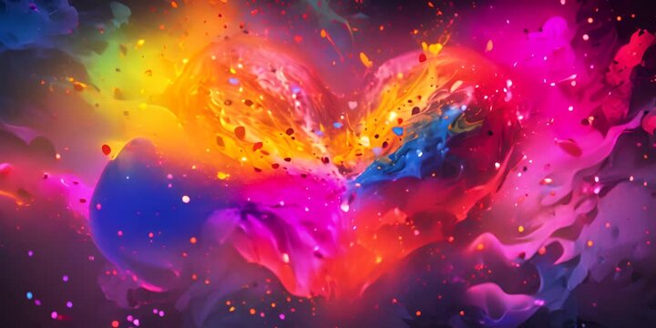 An abstract digital artwork showcasing a heart shape formed by swirling paint splashes 4K Video