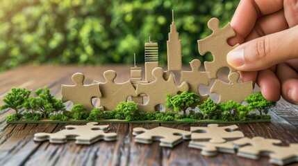 Hand carefully connects jigsaw puzzle pieces, featuring elements of a green cityscape, symbolizing the collaborative effort in building sustainable urban communities. - obrazy, fototapety, plakaty