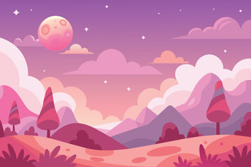 Fototapeta na wymiar Cartoon background of pink sky. Fantasy landscape with cute nature objects. outline simple vector illustration
