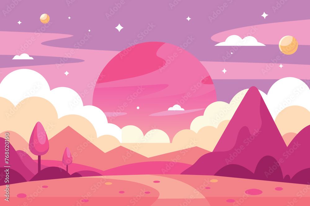 Wall mural Cartoon background of pink sky. Fantasy landscape with cute nature objects. outline simple vector illustration