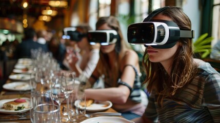 group of people eating with virtual reality glasses