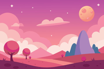 Fototapeta na wymiar Cartoon background of pink sky. Fantasy landscape with cute nature objects. outline simple vector illustration