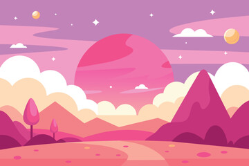 Cartoon background of pink sky. Fantasy landscape with cute nature objects. outline simple vector illustration - obrazy, fototapety, plakaty