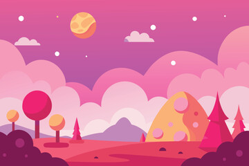 Obraz na płótnie Canvas Cartoon background of pink sky. Fantasy landscape with cute nature objects. outline simple vector illustration