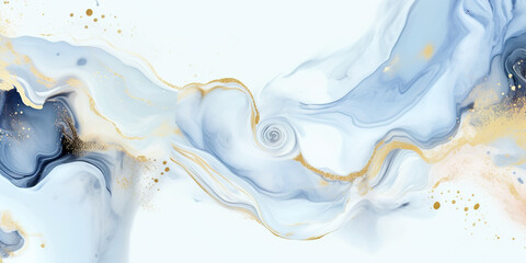 Swirls of blue,white,and gold blend in a marble-like pattern,evoking a sense of fluidity and luxuriousness.A spiral formation draws the eye to the center of a dynamic mixture of colors and shapes.AI g