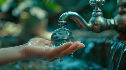 A close-up image depicting a human hand and a water tap to save water, symbolizing water conservation efforts, with a small globe to emphasize global impact. - obrazy, fototapety, plakaty