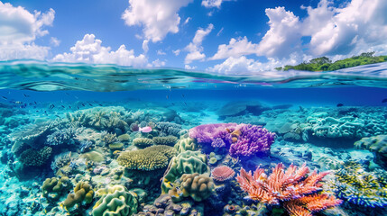 Panoramic image showcasing the stunning marine life and clear waters of the Great Barrier Reef in Australia