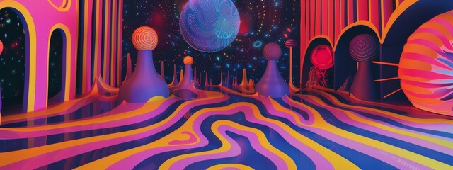 Futuristic reinterpretation of 60s psychedelic art, created with AI and projection mapping. - obrazy, fototapety, plakaty