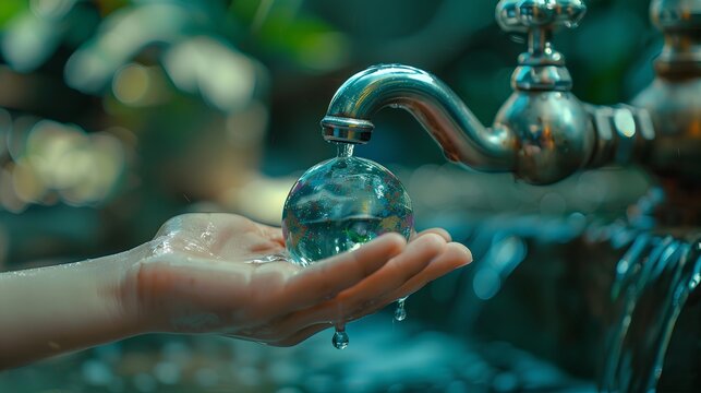 A close-up image depicting a human hand and a water tap to save water, symbolizing water conservation efforts, with a small globe to emphasize global impact.