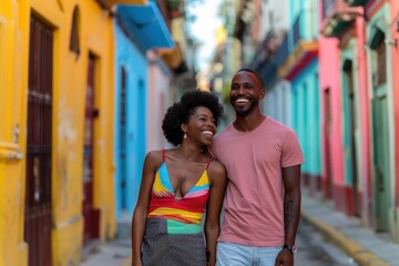 Vibrant street scene in historic Havana, Cuba, featuring a joyful young couple leisurely strolling past colorful architecture and classic cars