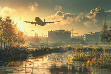 Realistic photo of an airport with an aircraft taking off. daylight