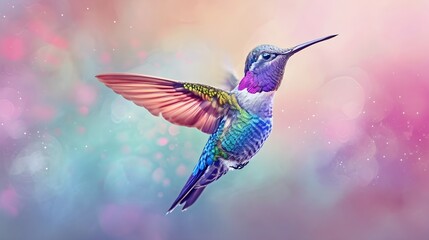 A colorful hummingbird flying in the air against a pastel background with bokeh lights