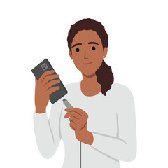 Woman holding smartphone uses cable to charge battery after seeing red indicator of dead accumulator. Flat vector illustration isolated on white background