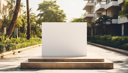 White billboard mockup near hotel. Blank template canvas copy space in luxury real estate area. Summertime vacation holidays in tropics. Empty clear billboard near beachside resort. Banner