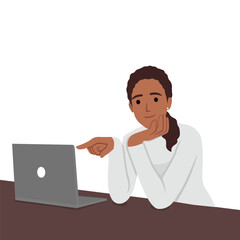 Black woman pointing at the laptop while smiling and holding her chin. Flat vector illustration isolated on white background