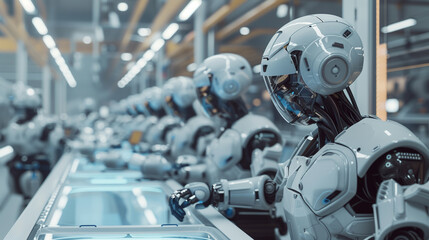Revolutionary futuristic robotics assembly line utilizing humanoid robots and automated systems for industrial automation and high-tech manufacturing in a smart factory setting