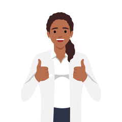 Young doctor in a medical coat shows gesture thumbs up two hands. Flat vector illustration isolated on white background