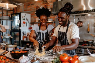 Diverse couple kneads dough together on kitchen counter with tomatoes and garlic on table illuminated by warm overhead lighting