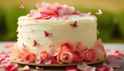 A vanilla cake with pink and white decorations, including rose petals and butterfly-shaped sprinkles