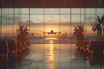 Realistic photo of an airport with an aircraft taking off. daylight
