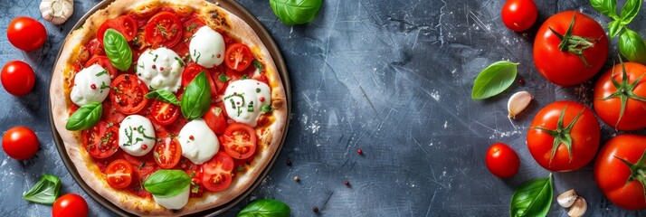 Rustic pizza on black background with tomato, cheese, and space for fast italian meal presentation
