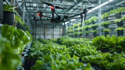 A high-tech greenhouse where automated irrigation and climate control systems ensure optimal growing conditions, drones monitor plant health, and robotic harvesters collect produce, illustrating - obrazy, fototapety, plakaty