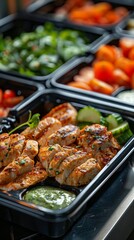 Prepared Meal Containers with Grilled Chicken, Vegetables, and Rice for Healthy Eating and Meal Prep