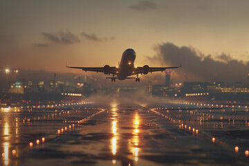 Realistic photo of an airport with an aircraft taking off. daylight