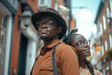 Happy young couple of African-American descent standing together outdoors in a city setting looking away from camera smiling - Powered by Adobe