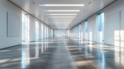 Spacious empty gallery with soft natural light and polished concrete floors - obrazy, fototapety, plakaty