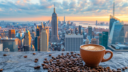 Americano flowing into a mug, creating a smooth path, with coffee beans, set against the backdrop...