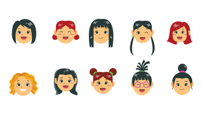 Set of girls happy face vector, Girl Avatar, Inspiration of girl face cartoon