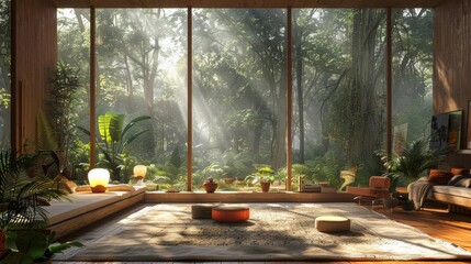 an eco-friendly virtual world that combines real forest textures with 3D sustainable living spaces, using earth tones and natural light, targeting environmentally conscious audiences. - obrazy, fototapety, plakaty