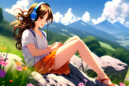qute girl, a girl with headphones