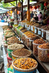 Assorted Edible Insects Displayed for Sale at a Local Street Food Market with People in the Background