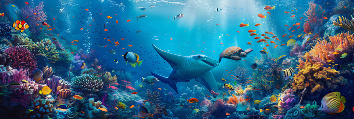 Underwater sea World with Colorful Fish,corals Reef, parrotfishs manta ray, shark, turtles, coral reefs and other marine life.  - obrazy, fototapety, plakaty