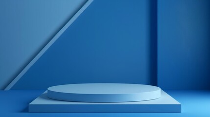 an image for a dynamic, minimalist promotional banner, featuring a podium display pedestal on a vibrant, solid blue background.