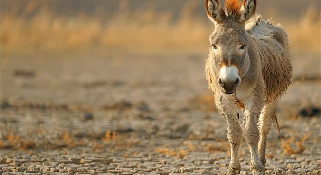 a donkey on a barren, cracked land footage