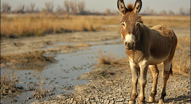 a donkey on a barren, cracked land footage