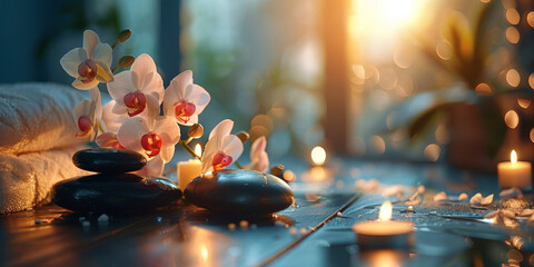 A serene spa setting with candles, orchids and towels arranged neatly on the table,tranquility and relaxation,traditional spa treatments.	
