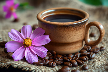 Obraz na płótnie Canvas 素朴な花とコーヒーのある風景