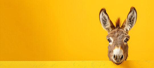 Naklejka premium A donkey is looking at the camera with its head peeking out from behind a yellow wall. donkey seems to be curious about the camera. bright yellow banner with a surprised astonished donkey, copy space