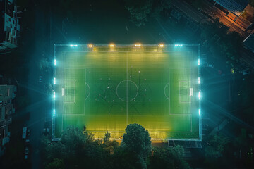 Aerial view of the football stadium. Football training in the illuminated stadium at night.