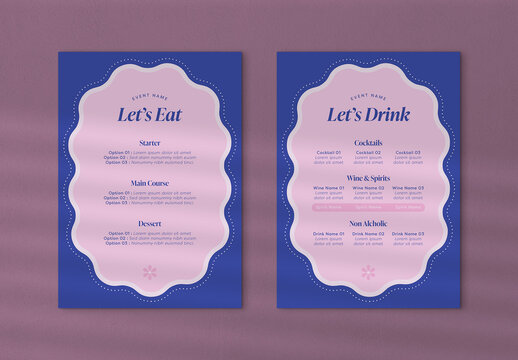 Food and Drink Menu with Blue and Pink Accents