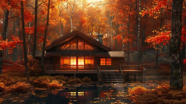 an image of a cozy, inviting wellness retreat cabin nestled in an autumnal forest, showcasing warmth, tranquility, and the healing power of nature.