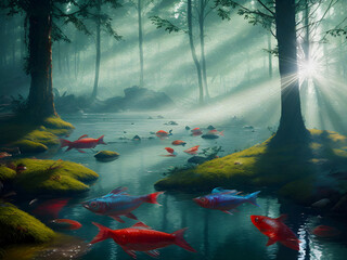 Forest in glare of sunlight with red fish, Oil Painting - 768023129