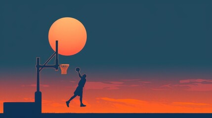 Basketball player silhouette slam dunks, with sunset to blue gradient background. Serene yet vibrant background frames a dynamic basketball player silhouette in mid-dunk.