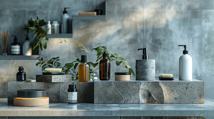 Contemporary toiletries displayed on geometric stone blocks