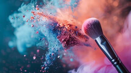 Soft-focused makeup tools releasing a cloud of multicolored pigments
